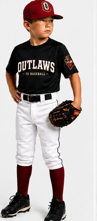 Home Plate combo — white piped pants, black belt, crimson socks