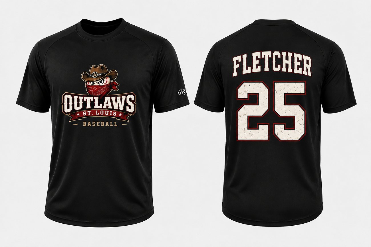 Official Outlaws fall jersey — logo front, name and number on back