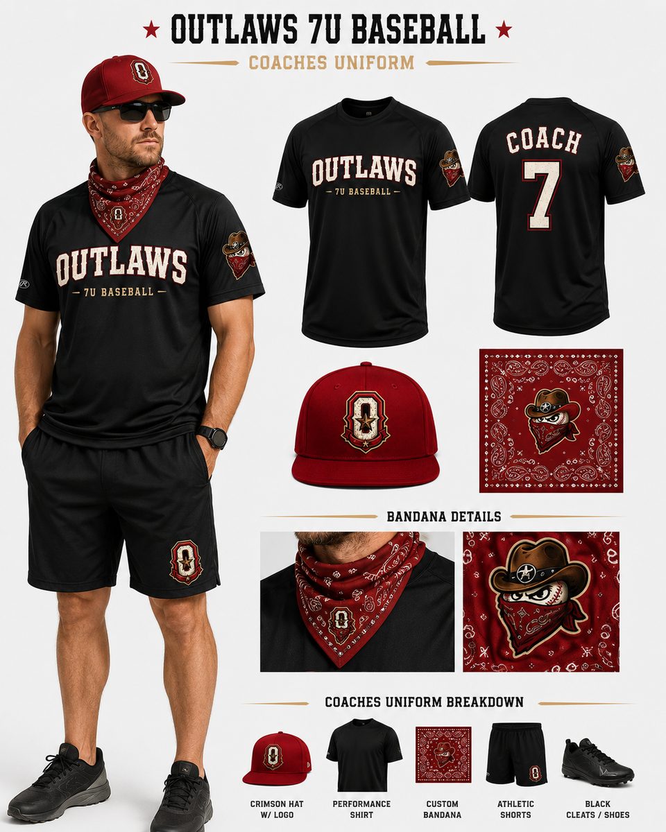 Outlaws coaches uniform — black shirt, crimson hat, custom bandana