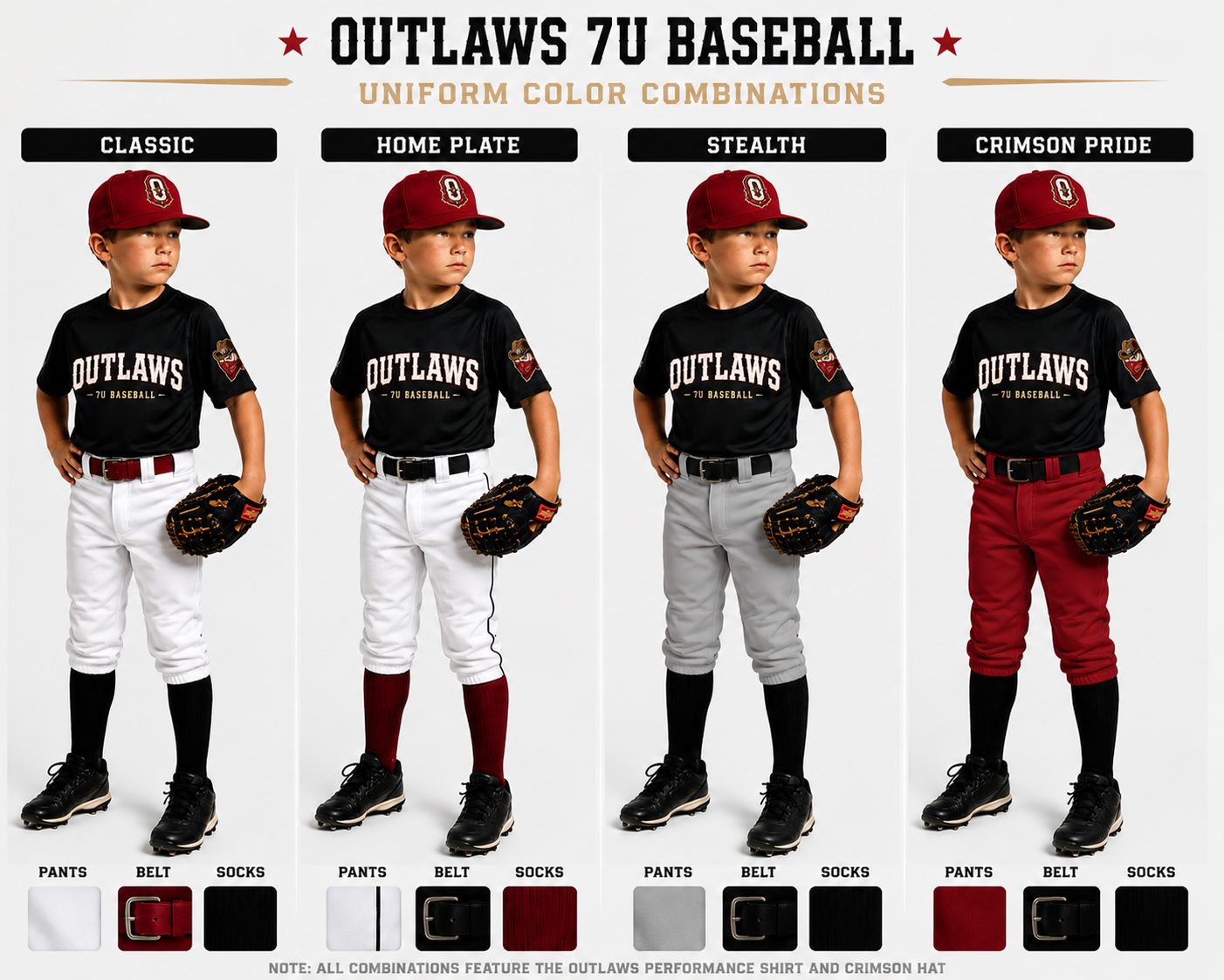 Outlaws 7U uniform color combinations — Classic, Home Plate, Stealth, Crimson Pride