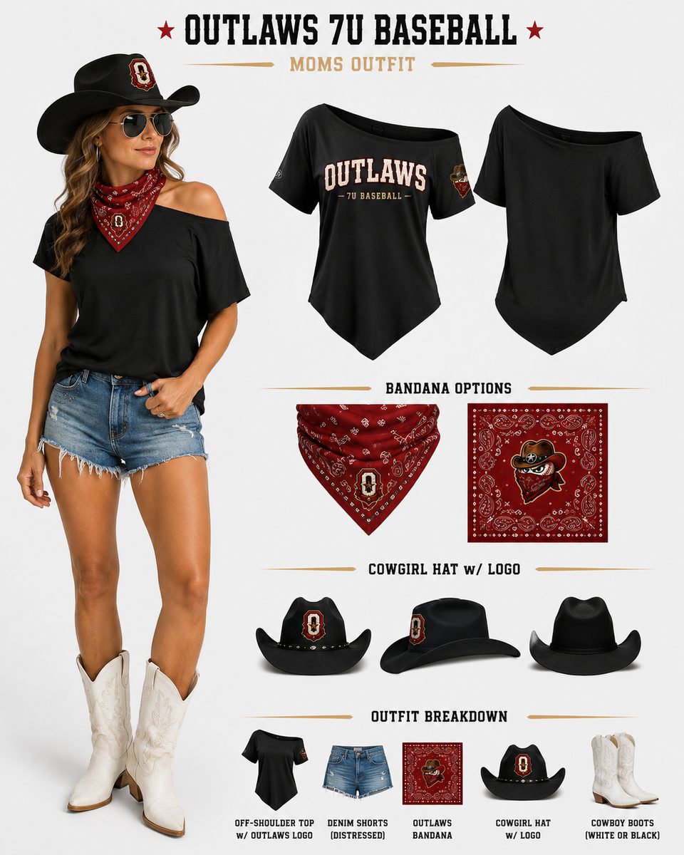 Outlaws moms outfit — off-shoulder Outlaws top, bandana, cowgirl hat, boots