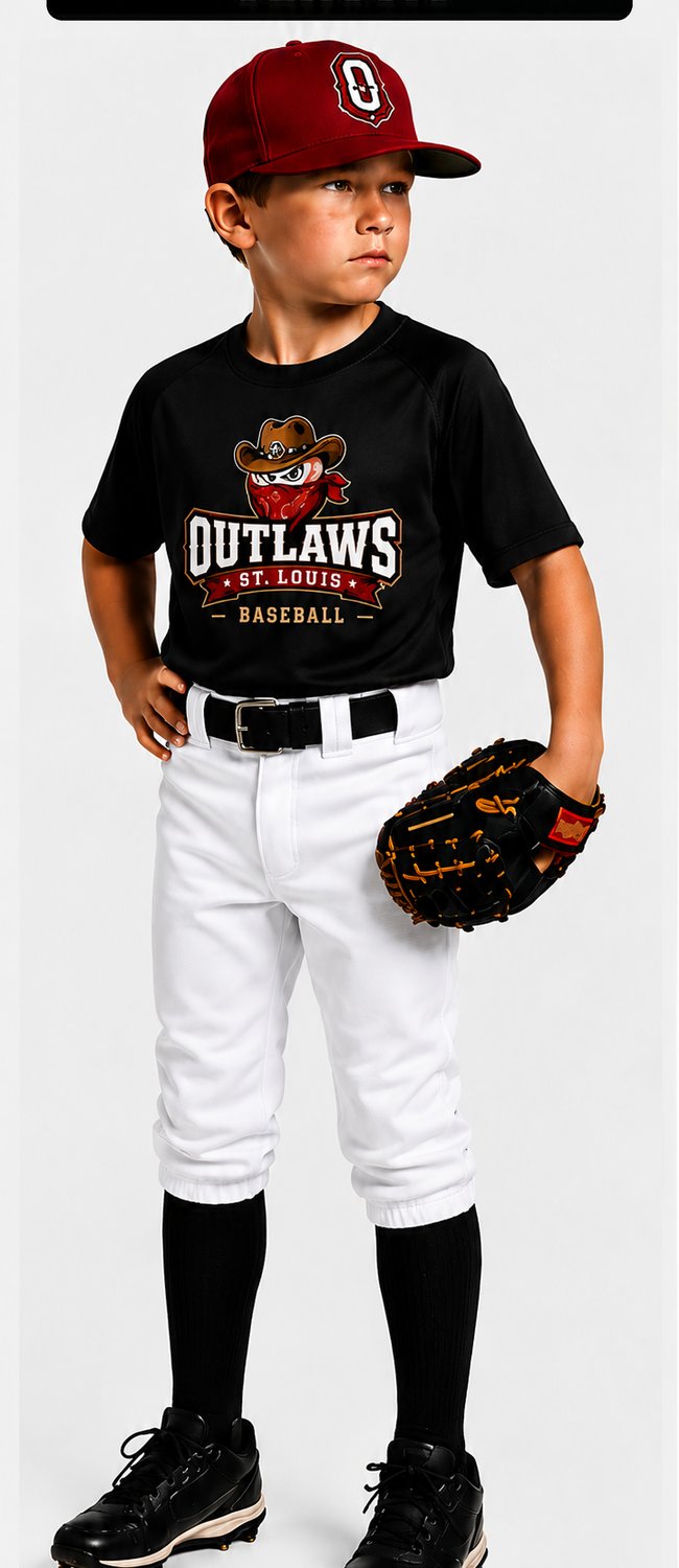 Outlaws fall uniform — black Outlaws jersey, crimson hat, white knickers, black belt, black socks